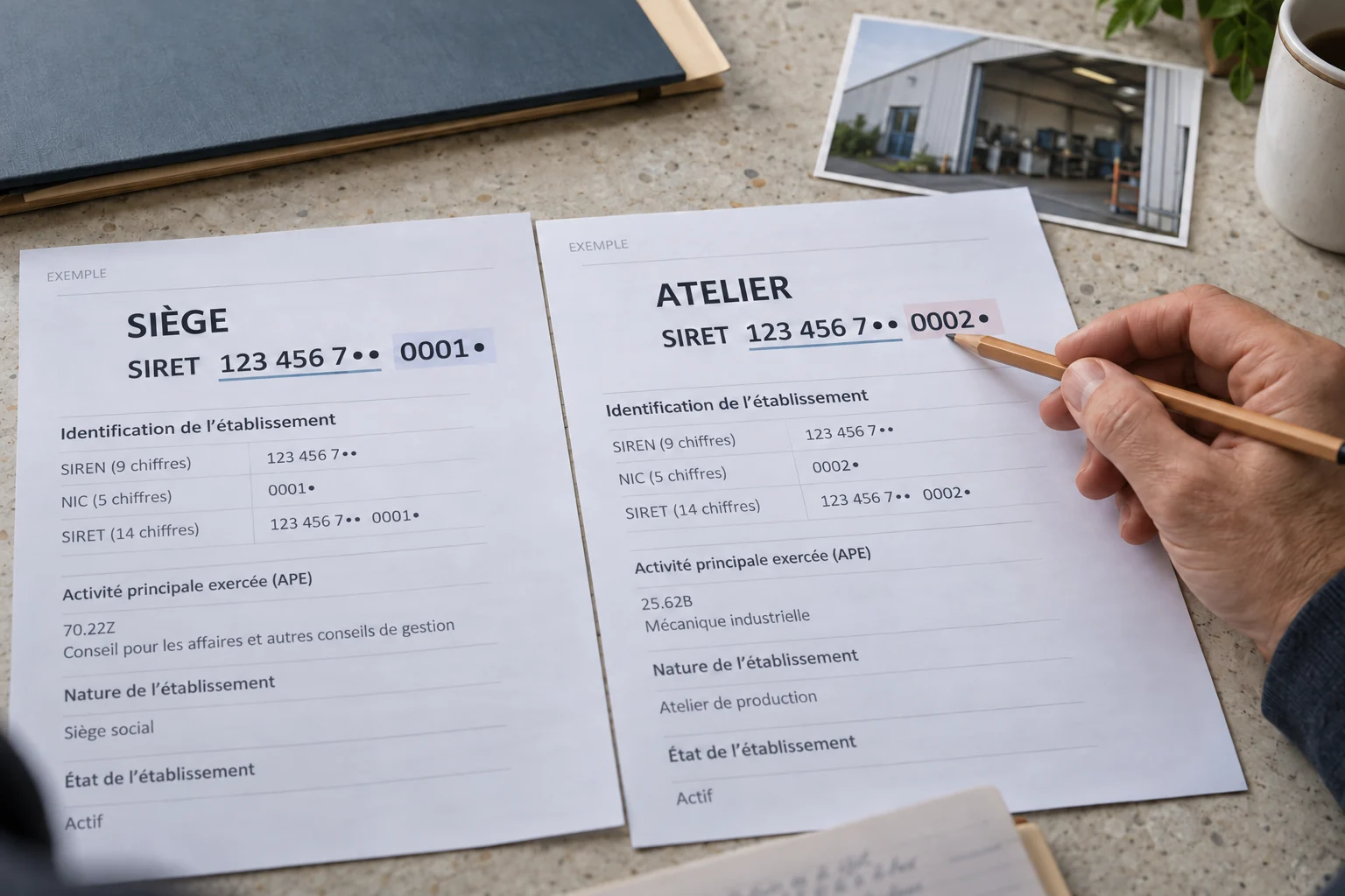 Deux fiches d’établissements d’une même société sont comparées, avec des numéros SIRET partageant la même partie SIREN.