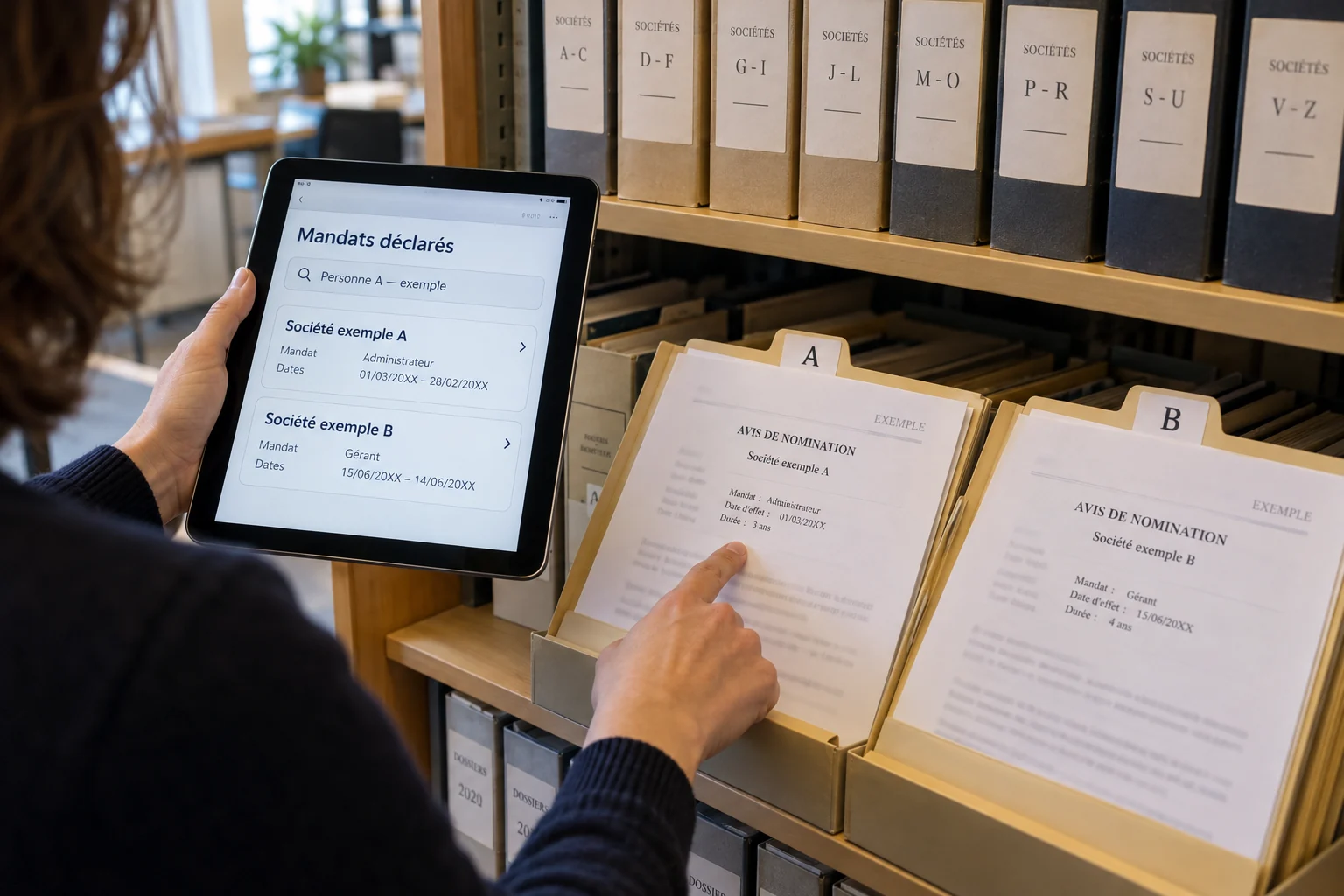 Une personne consulte les mandats d’un dirigeant fictif sur une tablette, en rapprochant la recherche de deux dossiers de sociétés.