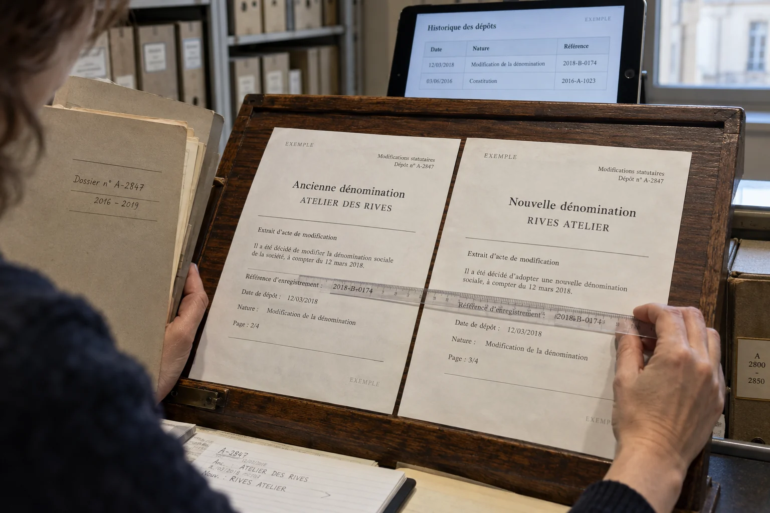 Comparaison de deux actes fictifs portant une ancienne et une nouvelle dénomination sociale, reliés par une référence de dossier commune.