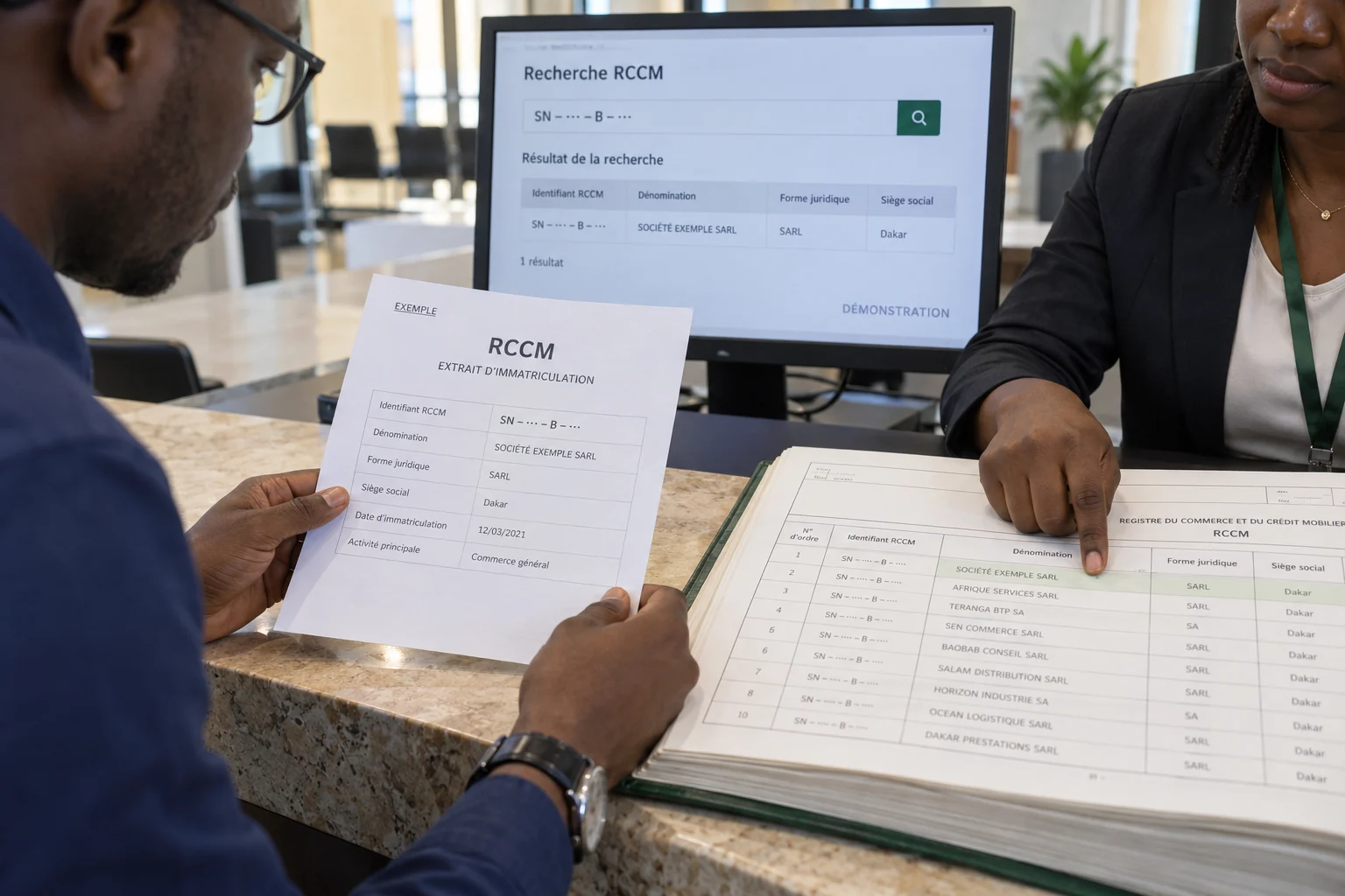 Recherche d’une immatriculation RCCM dans un registre de commerce d’exemple et rapprochement avec une fiche numérique lors d’une consultation au guichet.