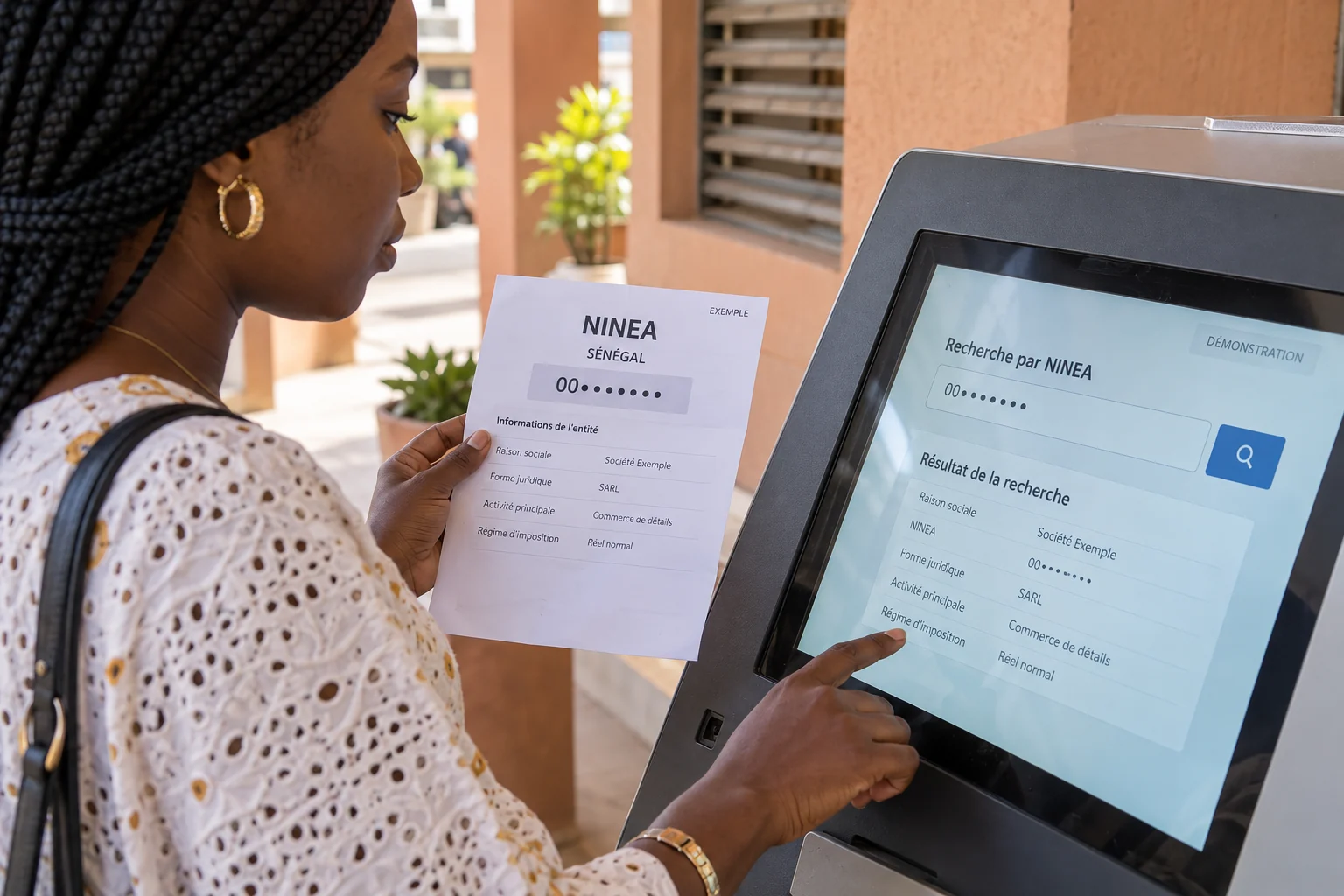 Consultation d’un identifiant NINEA sénégalais sur un document d’exemple rapproché d’une fiche numérique, sans le confondre avec le RCCM.