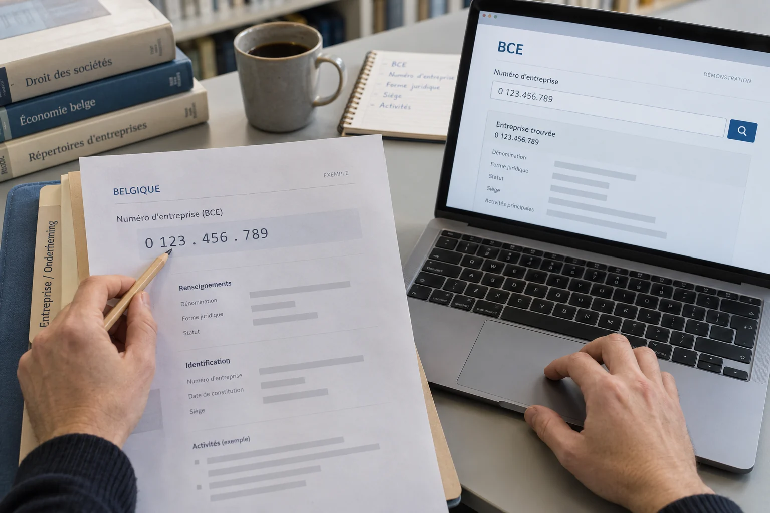 Rapprochement d’un numéro d’entreprise BCE belge fictif entre une fiche imprimée et une interface de consultation d’exemple.
