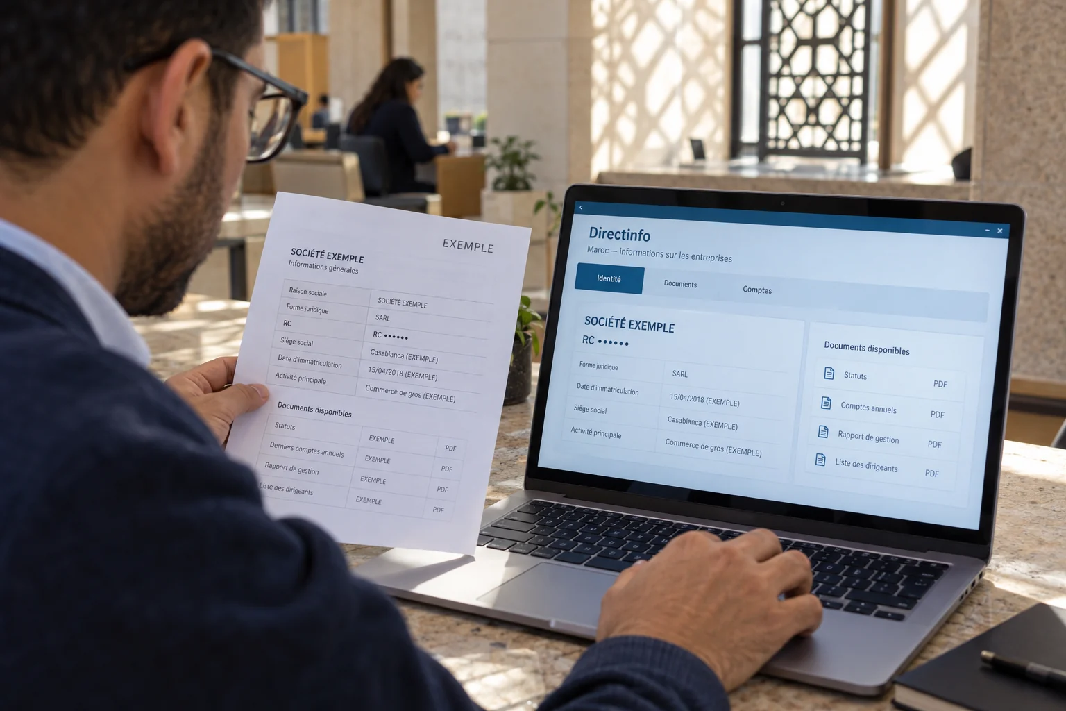 Consultation illustrative de données légales et de documents d’entreprise marocains via Directinfo, avec comparaison d’une fiche imprimée et d’un écran.