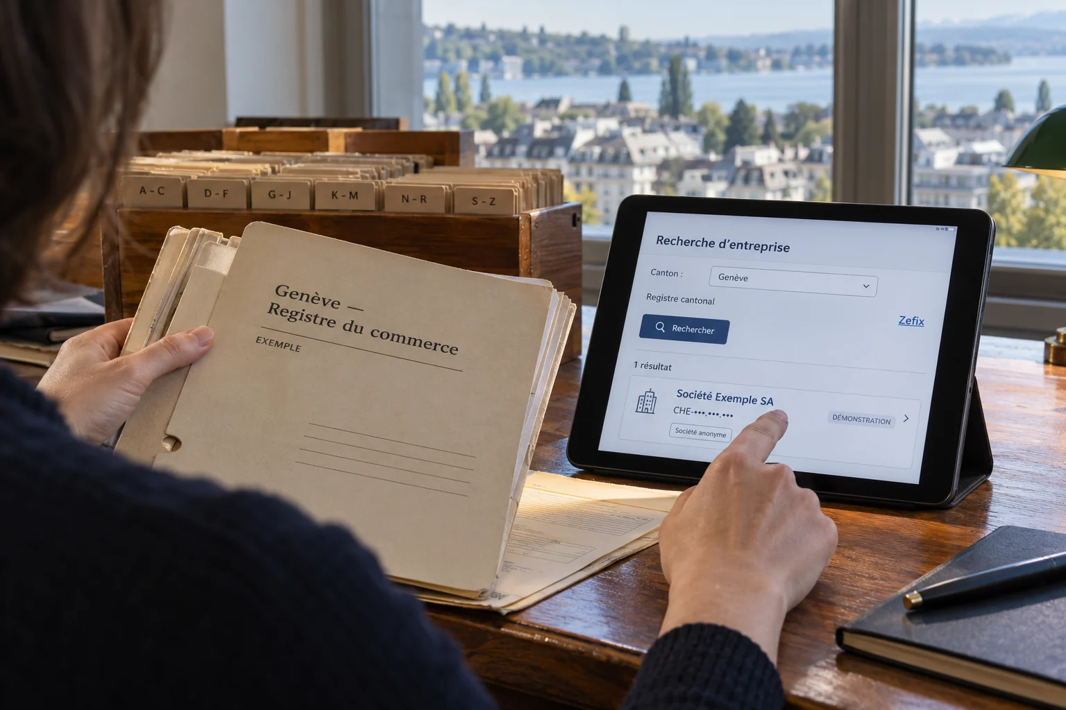 Sélection d’un registre cantonal suisse et consultation d’un dossier d’entreprise d’exemple dans une salle de lecture.