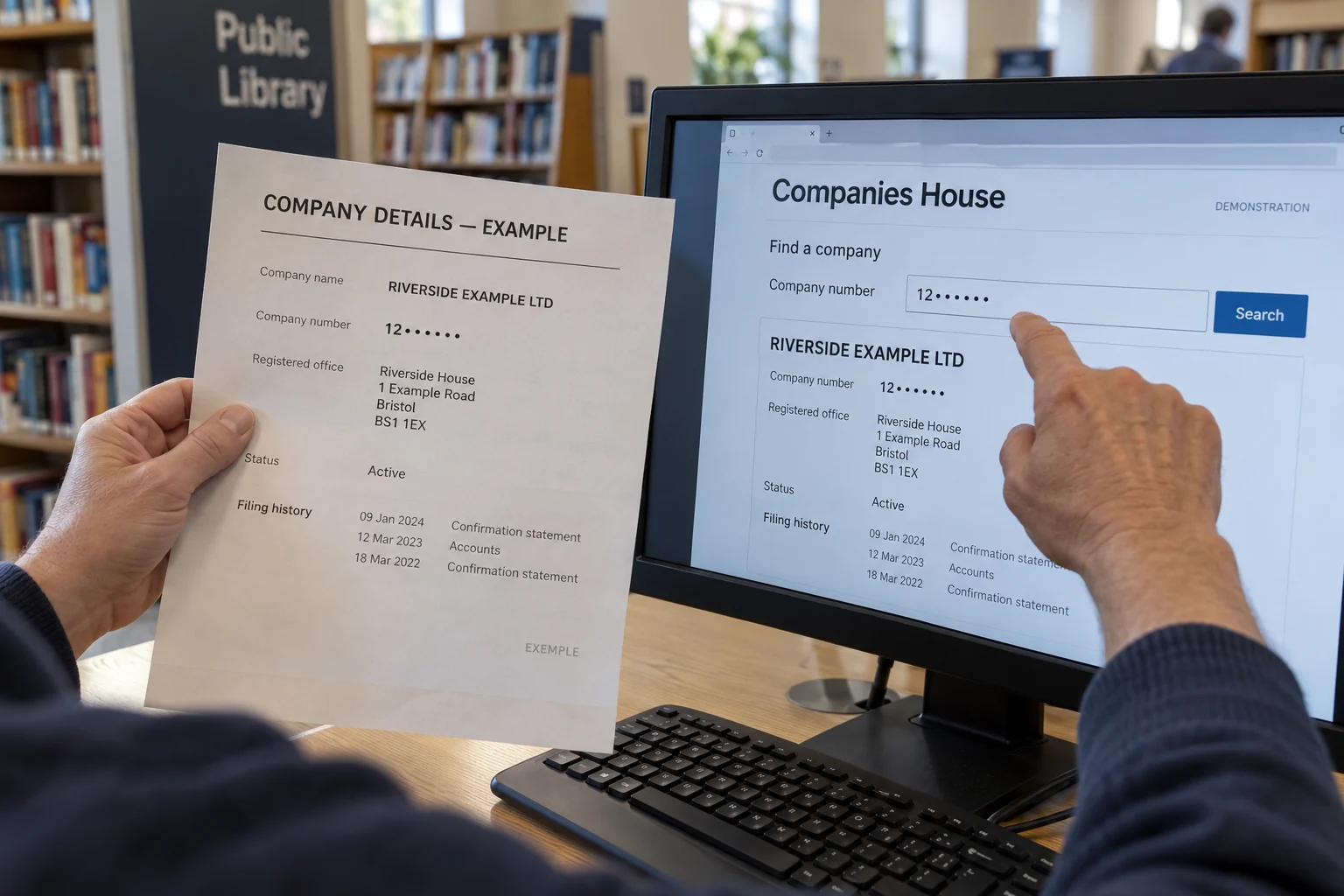 Contrôle d’un numéro d’immatriculation d’exemple dans une interface illustrative de consultation Companies House, en le comparant à un document papier.
