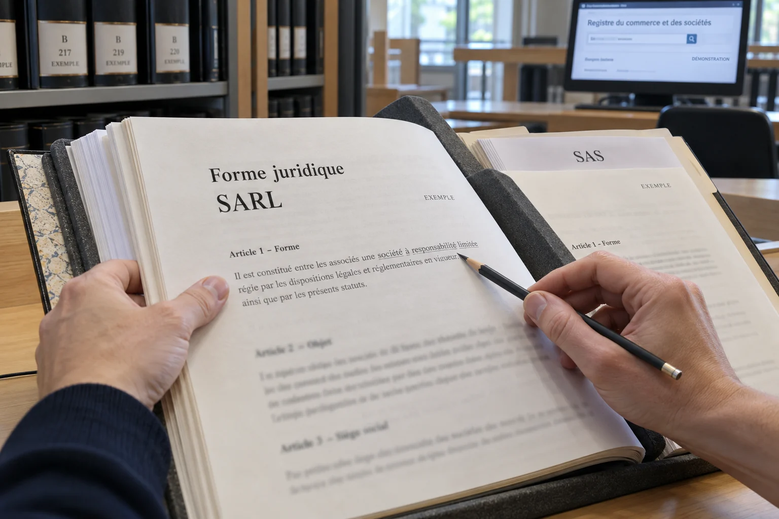 Lecture de la rubrique « Forme juridique » dans des statuts de société fictifs.