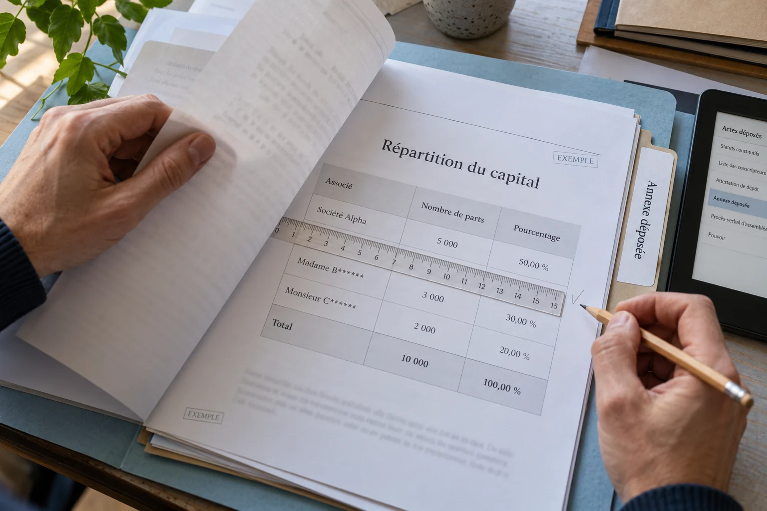 Examen d’une annexe de répartition du capital disponible dans un dossier de société fictif.